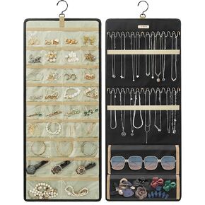 GMAK Hanging Jewelry Organizer with Hanger Metal Hooks, Double-Sided Jewelry Holder Accessories Organizer Storage Roll for Jewelry, Earrings, Bracelets, Necklaces, Rings - Navy Blue in Kuwait