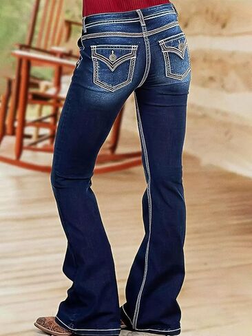 الجينز Flamingals Bootcut للنساء العصرية منتصف الارتفاع مسدود مزدوج الصدر السيطرة على الجينز 90s الجينز مع جيب رفرف in Saudi Arabia