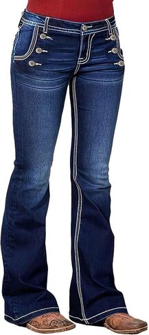 الجينز Flamingals Bootcut للنساء العصرية منتصف الارتفاع مسدود مزدوج الصدر السيطرة على الجينز 90s الجينز مع جيب رفرف in Saudi Arabia