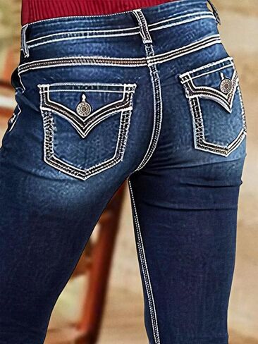 الجينز Flamingals Bootcut للنساء العصرية منتصف الارتفاع مسدود مزدوج الصدر السيطرة على الجينز 90s الجينز مع جيب رفرف in Saudi Arabia