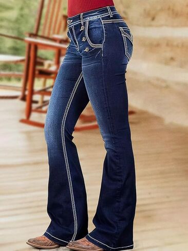 الجينز Flamingals Bootcut للنساء العصرية منتصف الارتفاع مسدود مزدوج الصدر السيطرة على الجينز 90s الجينز مع جيب رفرف in Saudi Arabia