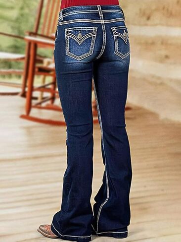 الجينز Flamingals Bootcut للنساء العصرية منتصف الارتفاع مسدود مزدوج الصدر السيطرة على الجينز 90s الجينز مع جيب رفرف in Saudi Arabia