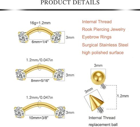 AVYRING 16g Rook Piercing Jewelry Gold Silver Eyebrow Rings Curved Barbell Daith Earrings for Women Horseshoe Septum Hoop Helix Earrings Surgical Steel Belly Button Rings Vertical Labret Lip Jewelry in Kuwait