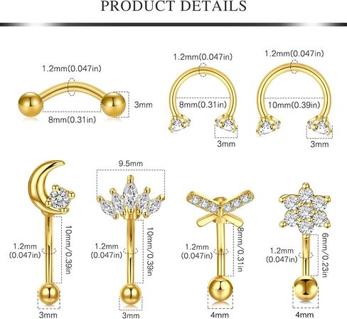 AVYRING 16g Rook Piercing Jewelry Gold Silver Eyebrow Rings Curved Barbell Daith Earrings for Women Horseshoe Septum Hoop Helix Earrings Surgical Steel Belly Button Rings Vertical Labret Lip Jewelry in Kuwait
