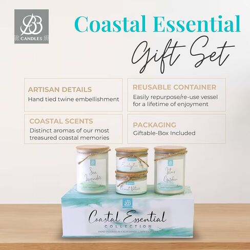 Coastal Essentials Scented Candle Gift Set, Decorative Candles for Home Decor, Long Burning Candles Set - 4 Candles 74 Value (Beach Linen, Paradise, Coral Reef, and Coastal Pear) in Saudi Arabia