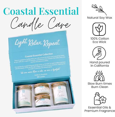 Coastal Essentials Scented Candle Gift Set, Decorative Candles for Home Decor, Long Burning Candles Set - 4 Candles 74 Value (Beach Linen, Paradise, Coral Reef, and Coastal Pear) in Saudi Arabia