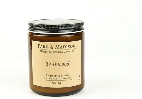 Park & Madison Teakwood Soy Candle - Heather ، Tobacco ، Amber & Sandalwood Rooma | شمعة شمع الصويا الطبيعية 100 ٪ مع جرة العنبر الخشبية (8 أوقية) in Saudi Arabia