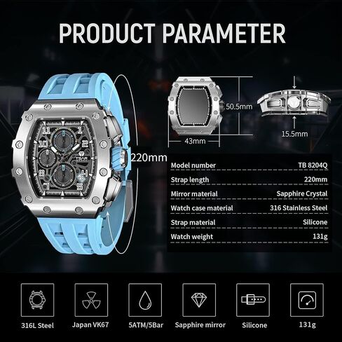 Watch for Men, 50M Waterproof Mens Watches, Luxury Tonneau Watch with Silicone Watch Bands, Japanese Quartz Movement Chronograph, Gifts for Men in Kuwait