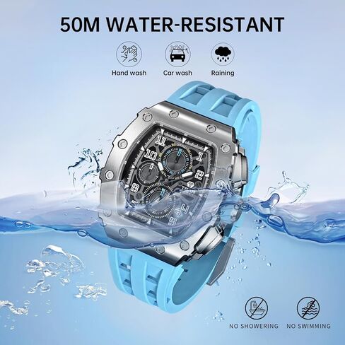Watch for Men, 50M Waterproof Mens Watches, Luxury Tonneau Watch with Silicone Watch Bands, Japanese Quartz Movement Chronograph, Gifts for Men in Kuwait