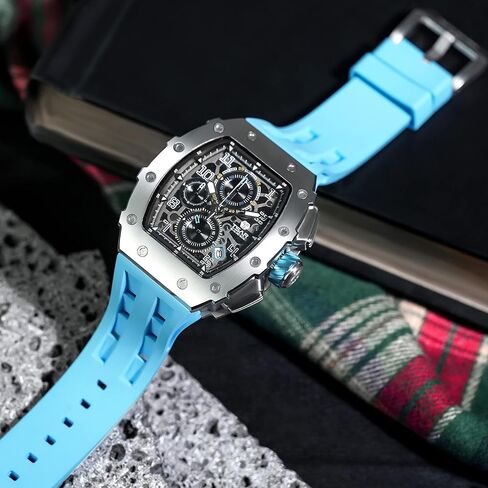 Watch for Men, 50M Waterproof Mens Watches, Luxury Tonneau Watch with Silicone Watch Bands, Japanese Quartz Movement Chronograph, Gifts for Men in Kuwait