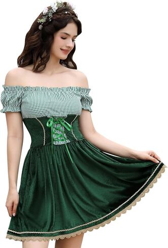 KOJOOIN Women German Dirndl Dress Traditional Bavarian Off Shoulder Velvet 1 Piece Oktoberfest Costumes in Kuwait