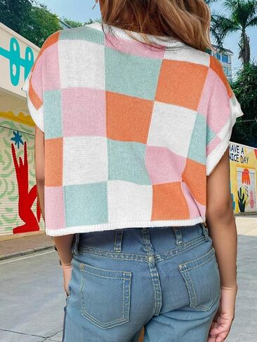 Girls Crop Tops Sweaters Vest Color Block Cap Sleeve Shirts Crew Neck Casual Summer Trendy Kids Knit Top 7-14 Years in Kuwait