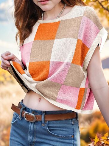 Girls Crop Tops Sweaters Vest Color Block Cap Sleeve Shirts Crew Neck Casual Summer Trendy Kids Knit Top 7-14 Years in Kuwait