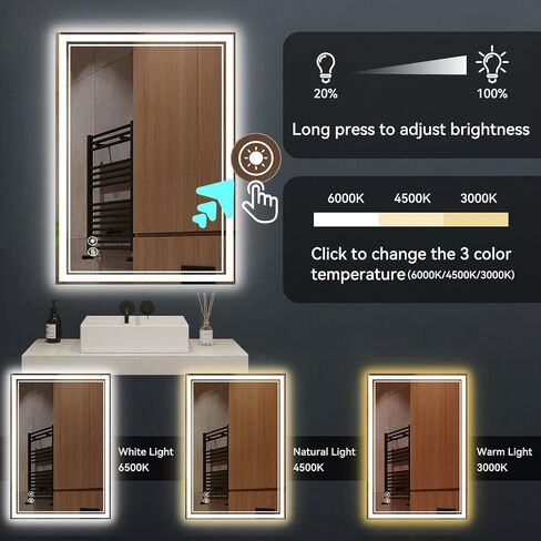 24 "× 36" مرآة LED للحمام الأمامي والخلفي مضاد للطفر قابلة للخلاف 3 ألوان LED مرآة الحمام مع الأضواء وظيفة الذاكرة الذكية مرآة الجدار مثبتة أفقي/عمودي in Kuwait