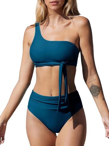 CUPSHE High Waisted Bikini Sets for Women with Ruched Bottom, One Shoulder Two Piece Swimsuit, Tie Front Bathing Suit in Saudi Arabia