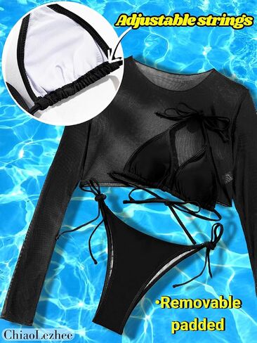 Tan Through Mini Bikini, 3 Piece Sheer Top, Size Runs Small in Saudi Arabia