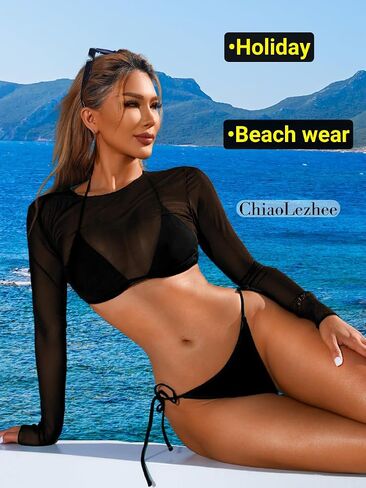 Tan Through Mini Bikini, 3 Piece Sheer Top, Size Runs Small in Saudi Arabia