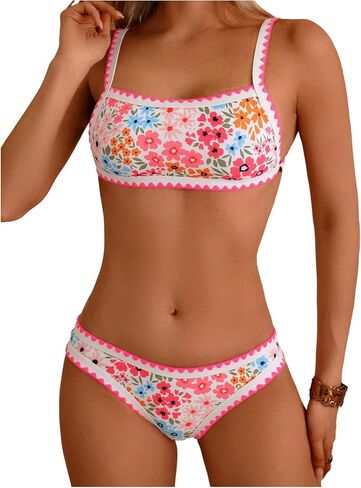 Women's 2 Piece Floral Swimsuits Tie Backless Wireless Bikini Top with Hipster Beachwear in Saudi Arabia