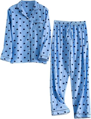 Women Pajamas Set Flannel Cotton Long Sleeve Button Down Top Pants Warm Sleepwear S-XL in Saudi Arabia