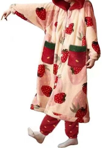 Cute Strawberry Pajama Set for Women Cozy Flannel Robe - Soft Plush Long Loungewear Clothes Home Wear for Fall & Winter in Saudi Arabia