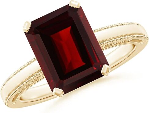 Angara Natural Emerald Cut Garnet Solitaire Ring with Milgrain in Silver / 14K Solid Gold/Platinum | January Birthstone, Birthday, Engagement, Anniversary, Wedding Jewelry Gift for Women in Saudi Arabia