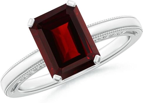 Angara Natural Emerald Cut Garnet Solitaire Ring with Milgrain in Silver / 14K Solid Gold/Platinum | January Birthstone, Birthday, Engagement, Anniversary, Wedding Jewelry Gift for Women in Saudi Arabia