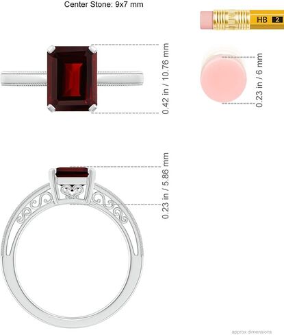 Angara Natural Emerald Cut Garnet Solitaire Ring with Milgrain in Silver / 14K Solid Gold/Platinum | January Birthstone, Birthday, Engagement, Anniversary, Wedding Jewelry Gift for Women in Saudi Arabia