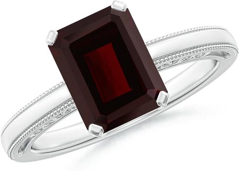 Angara Natural Emerald Cut Garnet Solitaire Ring with Milgrain in Silver / 14K Solid Gold/Platinum | January Birthstone, Birthday, Engagement, Anniversary, Wedding Jewelry Gift for Women in Saudi Arabia
