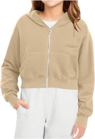 Hoodies for Teen Girls Cropped Long Sleeve Zip Up Jacket Workout Hooded Sweatshirt Y2K Girls Cute Crop Coats Clothes in Saudi Arabia