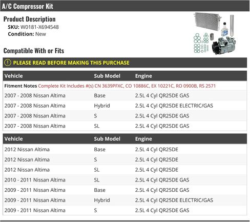 A/C Compressor Kit with Condenser- Compatible with 2007-2012 Nissan Altima 2.5L 4-Cylinder in Saudi Arabia