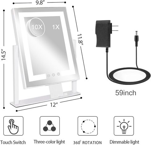 Kottova Lighted Makeup Mirror, Hollywood Vanity Mirror with Lights, Three Color Modes, 10X Magnification, Smart Touch Control, Detachable 10X Mirror, Metal Frame, 360° Rotation（14.5in,White） in Kuwait