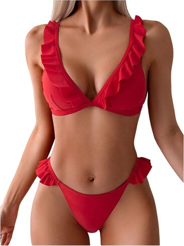 SweatyRocks Women's 2 Piece Swimsuits Ruffle Trim Spaghetti Straps Triangle Bikini Set in Saudi Arabia