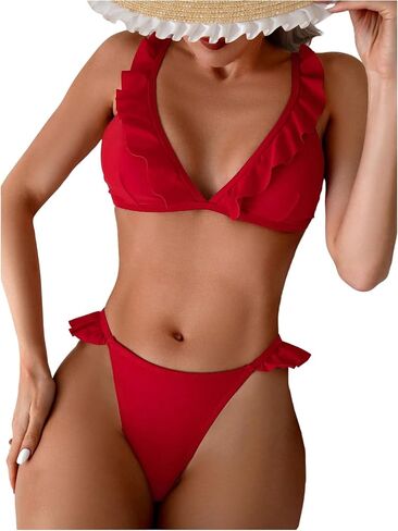 SweatyRocks Women's 2 Piece Swimsuits Ruffle Trim Spaghetti Straps Triangle Bikini Set in Saudi Arabia