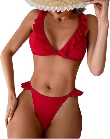SweatyRocks Women's 2 Piece Swimsuits Ruffle Trim Spaghetti Straps Triangle Bikini Set in Saudi Arabia