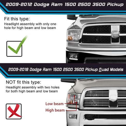 SOCKIR Headlight Assembly Compatible with 2009-2012 Dodge Ram 1500 2500 3500 Pickup Driver and Passenger Side Black Housing Clear Reflector (Not fits Quad Beam Headlight Models) in Saudi Arabia