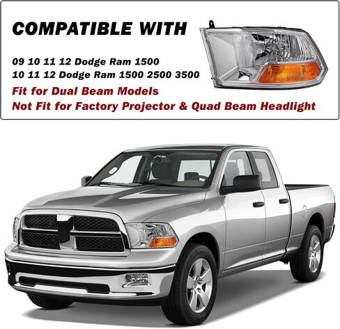 SOCKIR Headlight Assembly Compatible with 2009-2012 Dodge Ram 1500 2500 3500 Pickup Driver and Passenger Side Black Housing Clear Reflector (Not fits Quad Beam Headlight Models) in Saudi Arabia