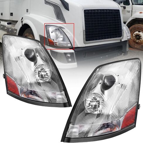 Headlight Assembly Compatible with 2004-2018 Volvo VNL VNM 2004-2015 Volvo VN Halogen, Headlamps Head Light Lamp W/Bulbs Housing Pair (Chrome) in Saudi Arabia
