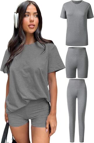 Women's 3 Piece Loungewear Set Soft & Stretchy Loose T Shirt with Shorts & Long Pants in Saudi Arabia