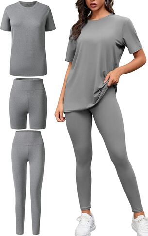 Women's 3 Piece Loungewear Set Soft & Stretchy Loose T Shirt with Shorts & Long Pants in Saudi Arabia