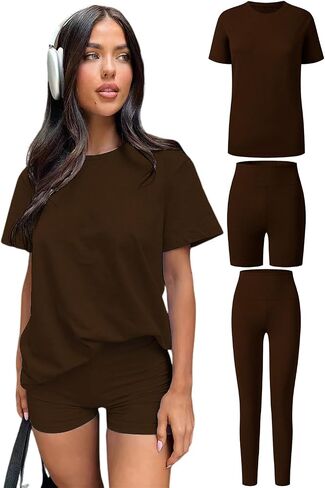 Women's 3 Piece Loungewear Set Soft & Stretchy Loose T Shirt with Shorts & Long Pants in Saudi Arabia