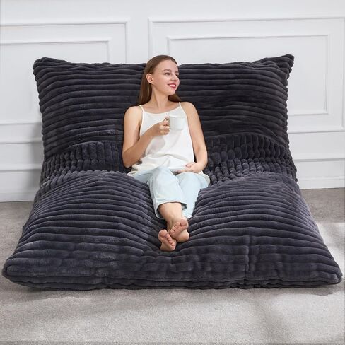 Hobestluk 3 in 1 Beac Bag Chair كراسي الفاصوليا عملاقة كيس القبعة القابلة للتحويل وسادة الأرضية مع غطاء قابلة للغسل الآلة ، كراسي كيس القماش للبالغين (رمادي غامق) in Kuwait