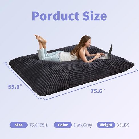 Hobestluk 3 in 1 Beac Bag Chair كراسي الفاصوليا عملاقة كيس القبعة القابلة للتحويل وسادة الأرضية مع غطاء قابلة للغسل الآلة ، كراسي كيس القماش للبالغين (رمادي غامق) in Kuwait