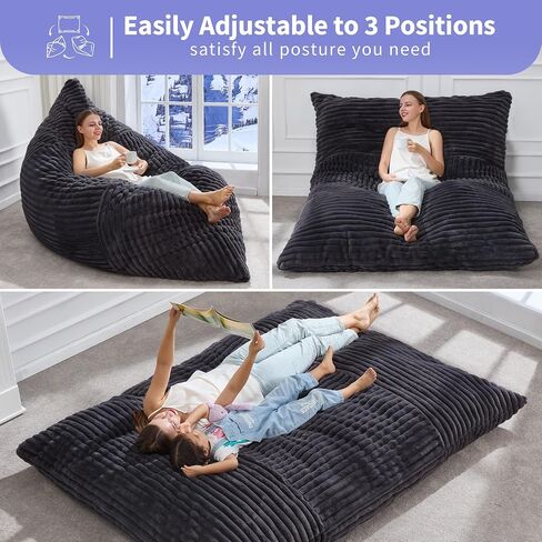 Hobestluk 3 in 1 Beac Bag Chair كراسي الفاصوليا عملاقة كيس القبعة القابلة للتحويل وسادة الأرضية مع غطاء قابلة للغسل الآلة ، كراسي كيس القماش للبالغين (رمادي غامق) in Kuwait