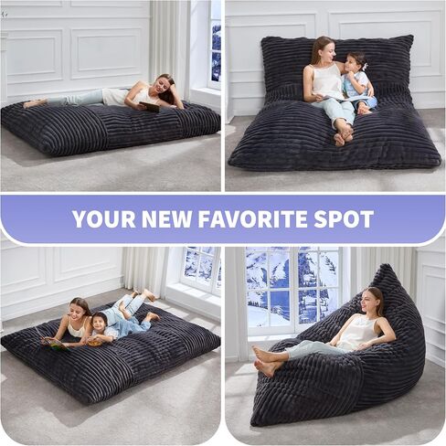 Hobestluk 3 in 1 Beac Bag Chair كراسي الفاصوليا عملاقة كيس القبعة القابلة للتحويل وسادة الأرضية مع غطاء قابلة للغسل الآلة ، كراسي كيس القماش للبالغين (رمادي غامق) in Kuwait