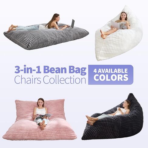 Hobestluk 3 in 1 Beac Bag Chair كراسي الفاصوليا عملاقة كيس القبعة القابلة للتحويل وسادة الأرضية مع غطاء قابلة للغسل الآلة ، كراسي كيس القماش للبالغين (رمادي غامق) in Kuwait