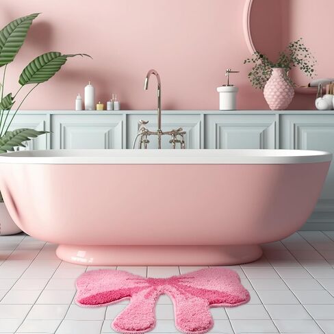 2 Pcs Bathroom Pink Bow Rugs Coquette Preppy Cute Bow Shaped Bath Mats Home Decor Non Slip Soft Plush Absorbent Washable Carpet for Tub Shower Doormat, 19.7" x 18.5" in Kuwait