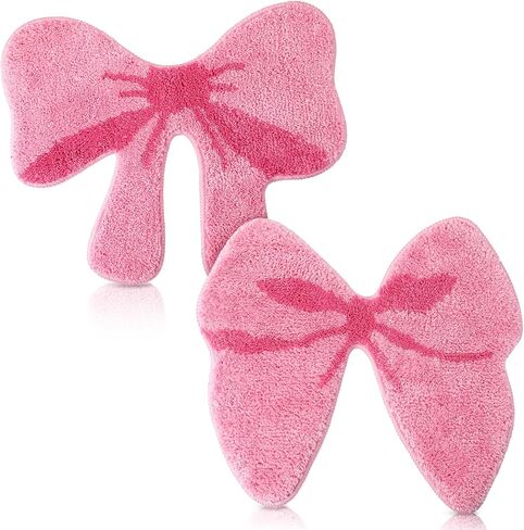 2 Pcs Bathroom Pink Bow Rugs Coquette Preppy Cute Bow Shaped Bath Mats Home Decor Non Slip Soft Plush Absorbent Washable Carpet for Tub Shower Doormat, 19.7" x 18.5" in Kuwait