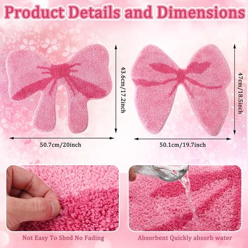 2 Pcs Bathroom Pink Bow Rugs Coquette Preppy Cute Bow Shaped Bath Mats Home Decor Non Slip Soft Plush Absorbent Washable Carpet for Tub Shower Doormat, 19.7" x 18.5" in Kuwait