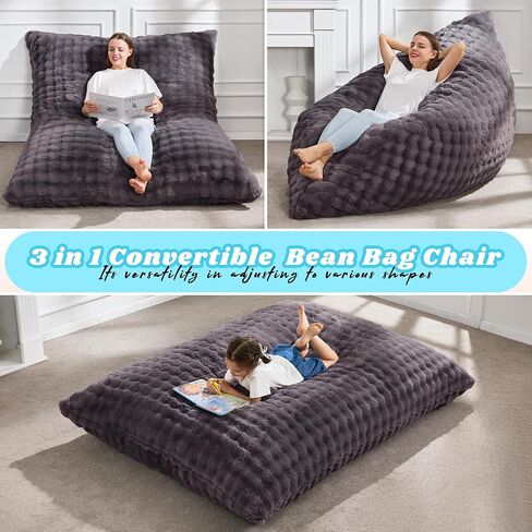 Hobestluk 3 in 1 Bean Bag Chair Giant Bean Bag Chairs Convertible Bean Bag Floor Cushion with Machine Washable Cover, Beanbag Chairs for Adult (Dark Grey) in Saudi Arabia