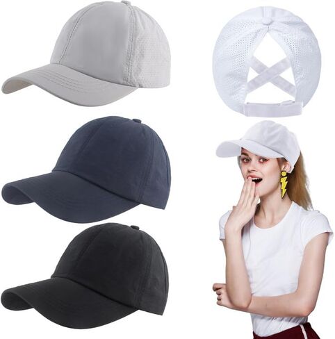 4 Pcs Criss Cross Ponytail Hats Ponytail Baseball Cap Adjustable Trucker Hat High Messy Bun Ponycap for Women Outdoor Sports in Kuwait